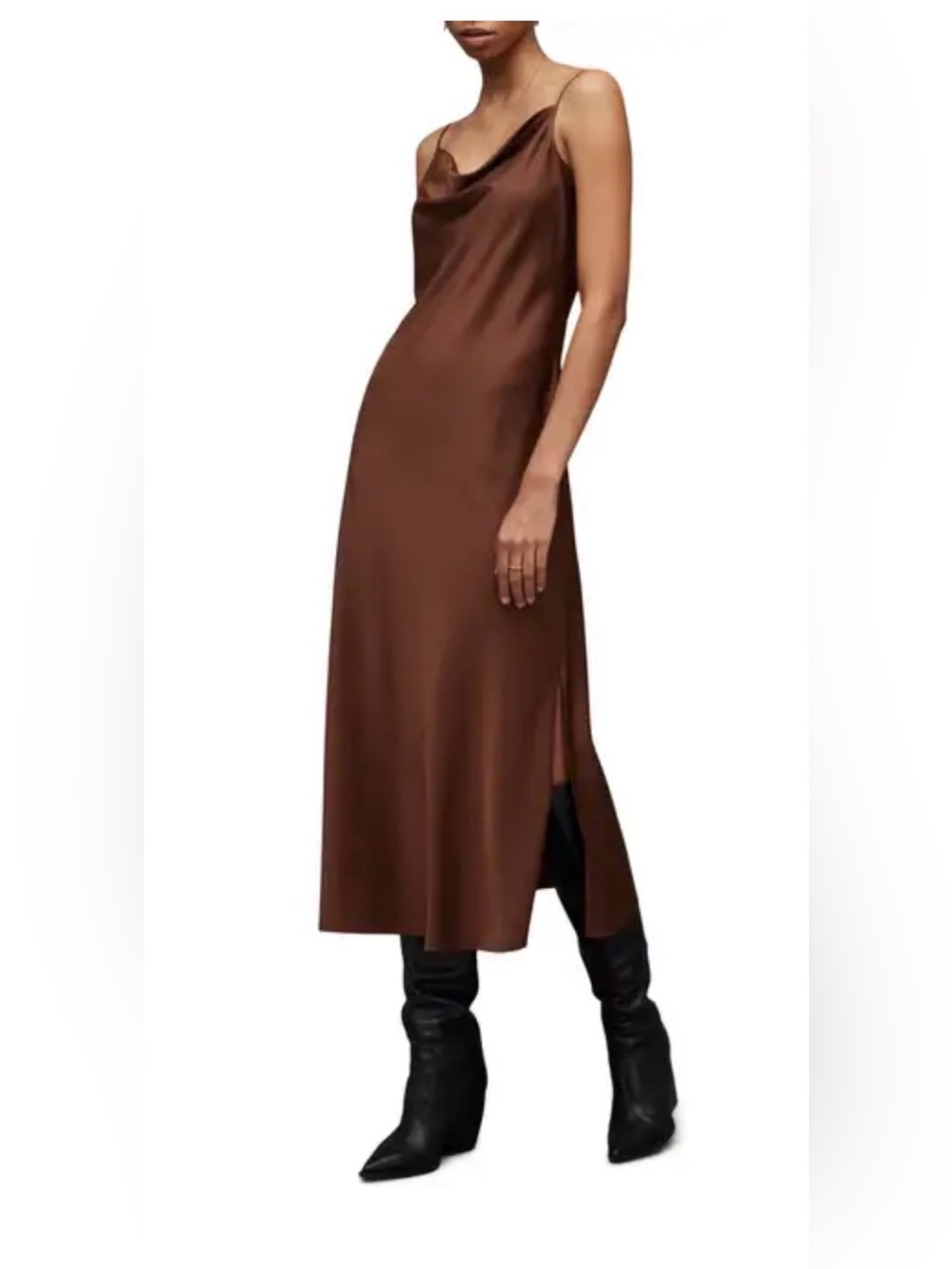 AllSaints Chocolate Brown Satin Slip Maxi Skirt
